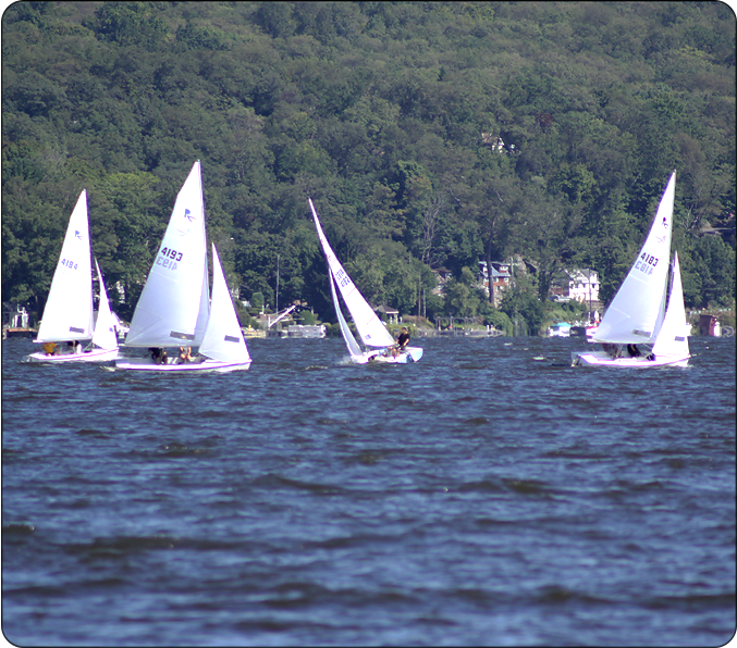 Sailboats racing on a lake